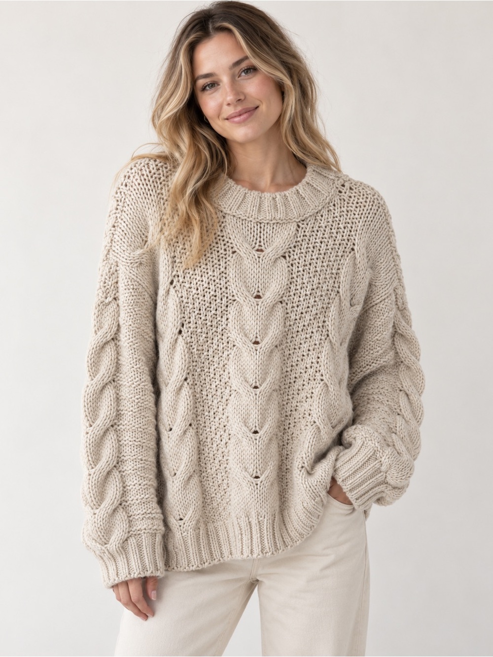 MERSEA Womens OS Chunky Cable Knit Sweater Wool Alpaca Cream Made in Italy